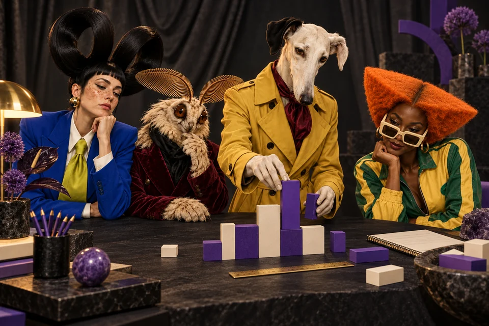 The cast arranges blocks to illustrate a commission budget