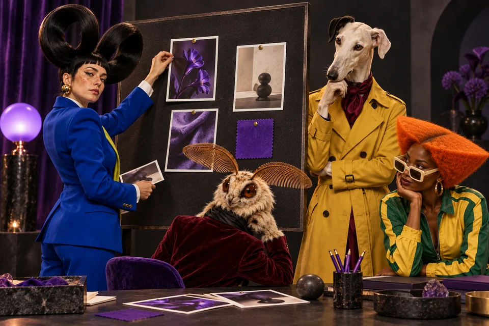 The cast builds a creative brief from photographs and purple swatches