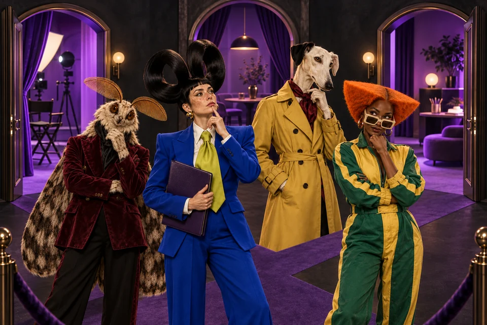 The cast considers three purple-lit studio doorways