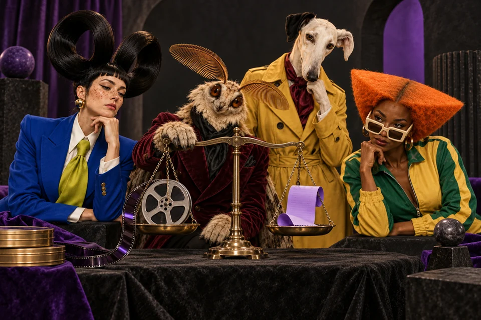 The cast compares a film reel and a receipt on a balance scale