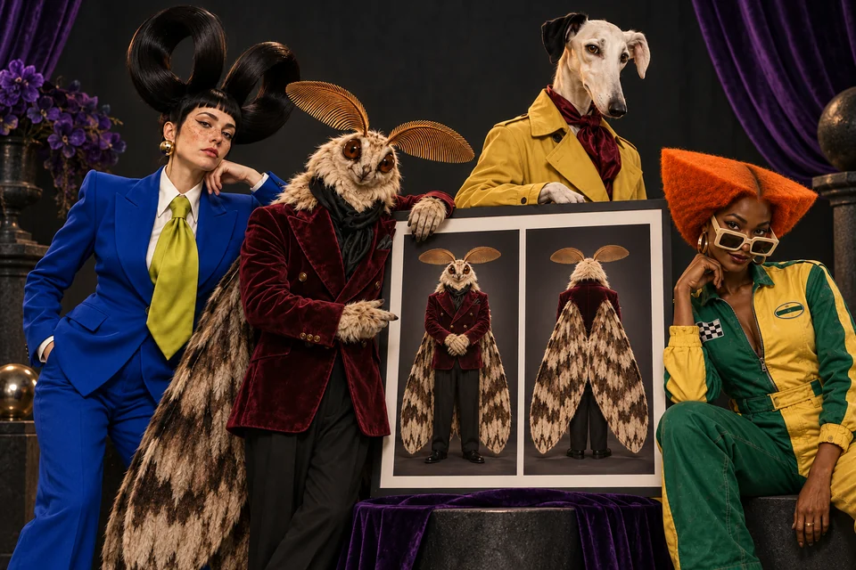 The cast reviews character portraits on a reference sheet