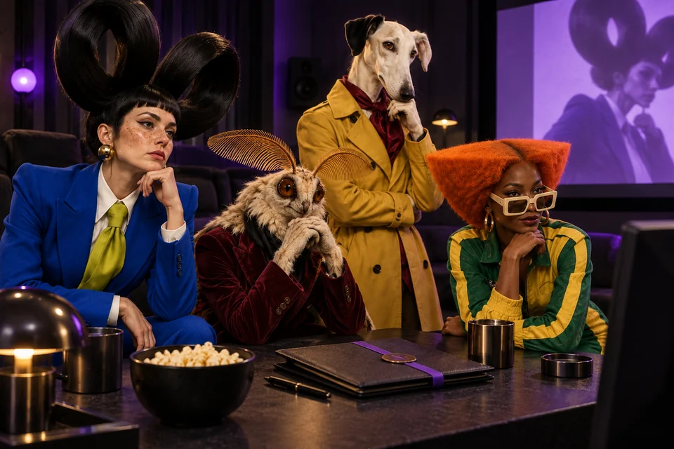 The cast reviews a projected product video in a screening room