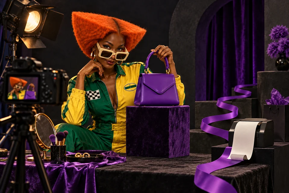 The cast develops a product story with a purple handbag