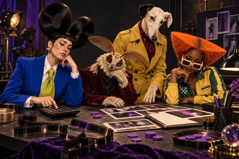 The cast plans production costs with a calculator and notebook