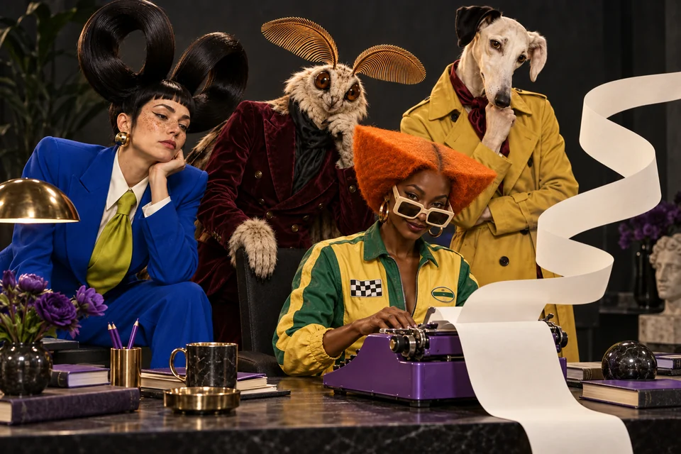 The cast writes at a purple typewriter