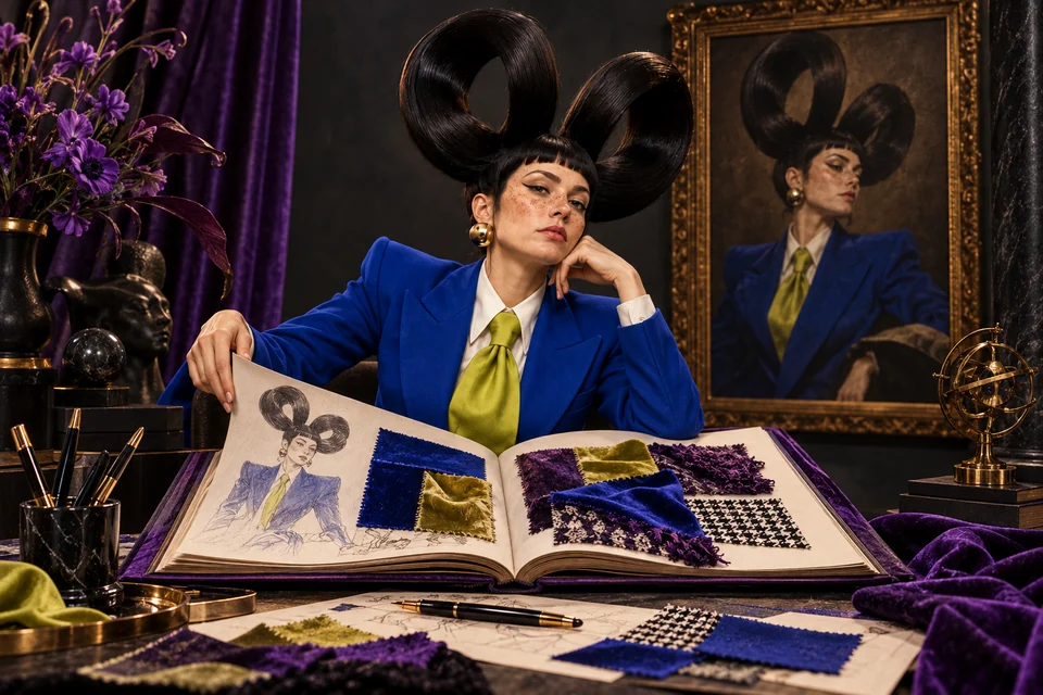 The cast develops a character with a purple art book and fabric swatches
