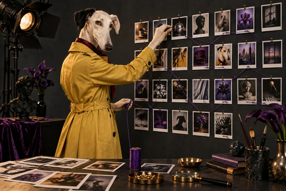 The cast arranges photographic cards into a content calendar