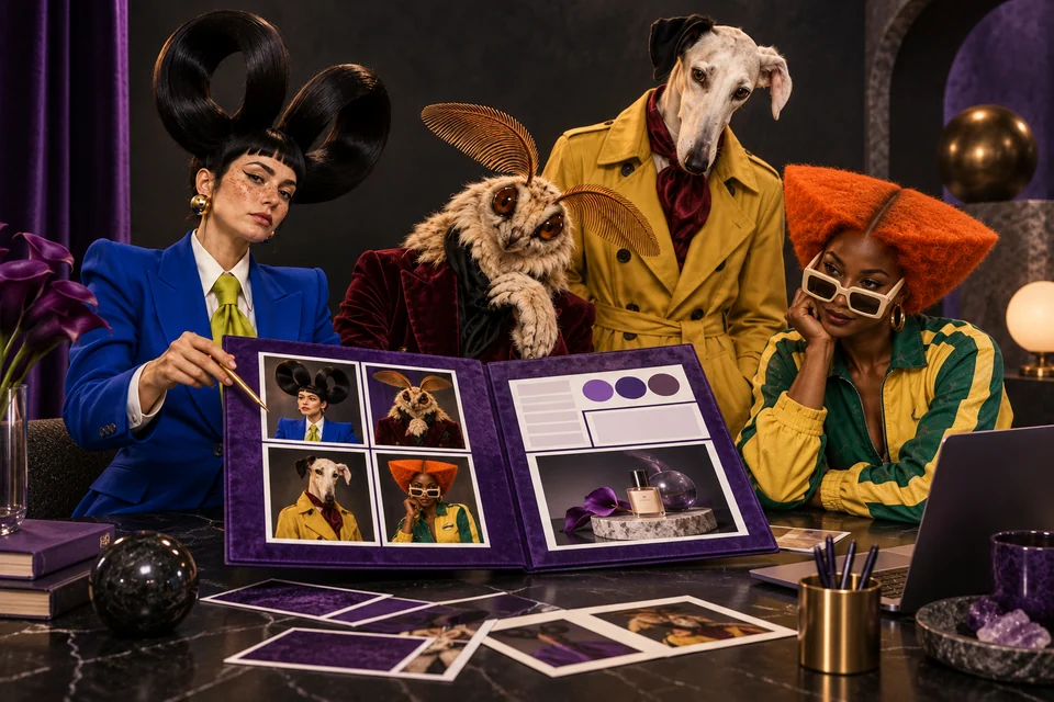 The cast assembles a portfolio of character and product photographs