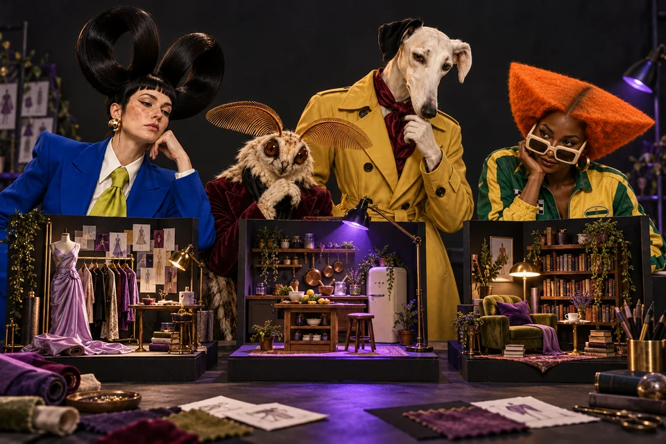 The cast compares miniature stage sets for different content niches