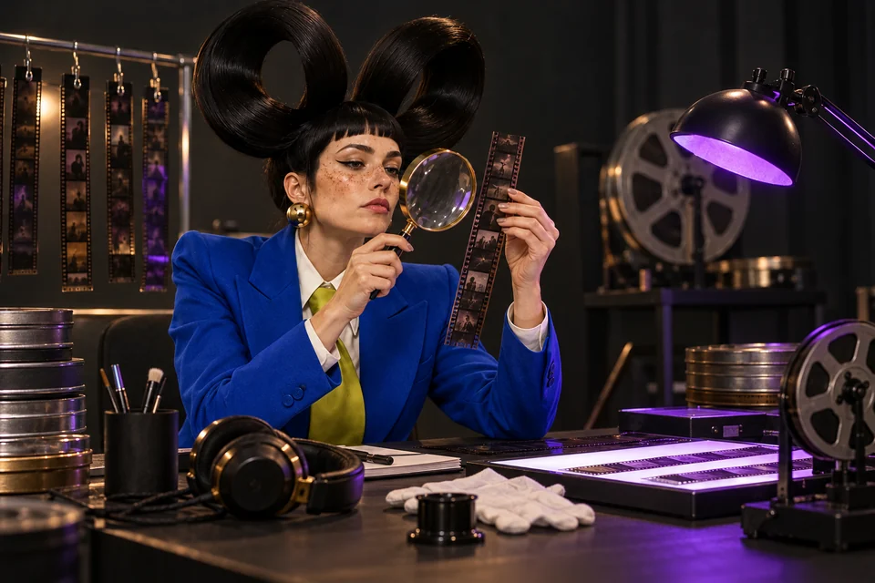 The cast inspects a film frame with a magnifying glass