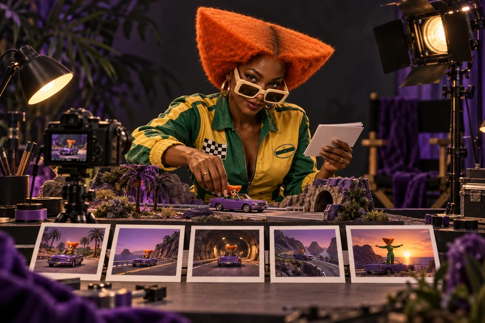 The cast plans a scene with miniature sets and storyboard cards