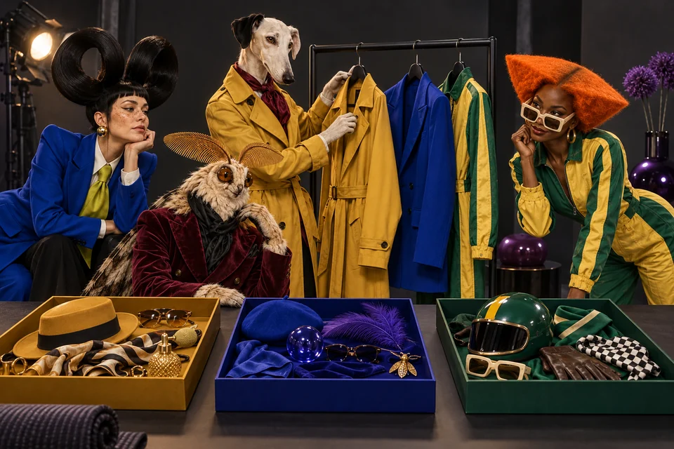 The cast organizes outfits and props for a production batch