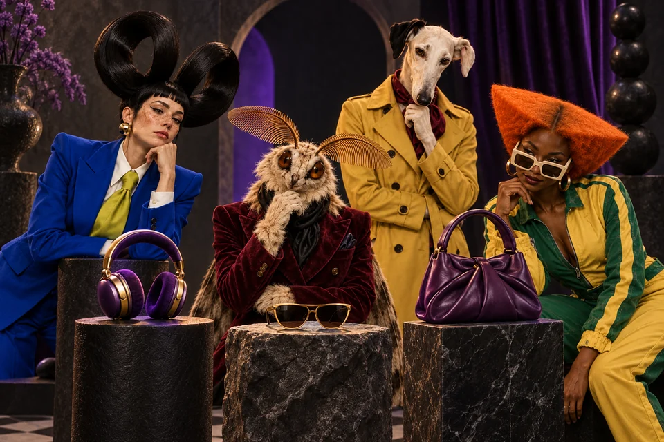 The cast compares headphones, sunglasses and a handbag
