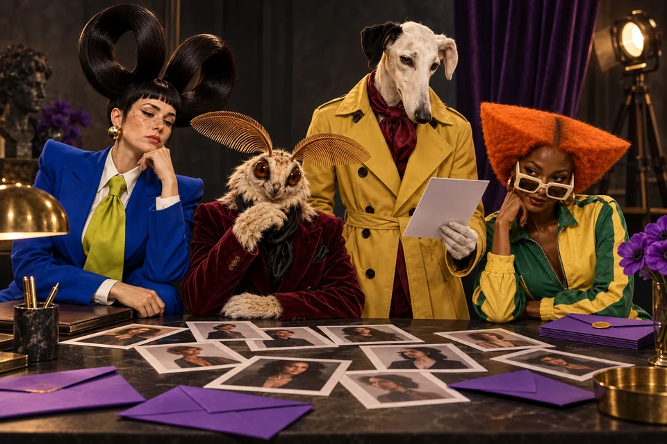 The cast reviews creator portraits beside purple invitation envelopes