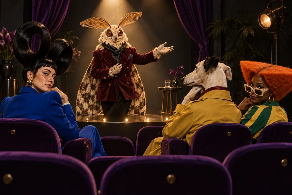 The cast prepares a small theater for an audience