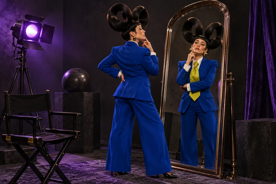 The AIAvatars cast studies a character reflection on a photography set