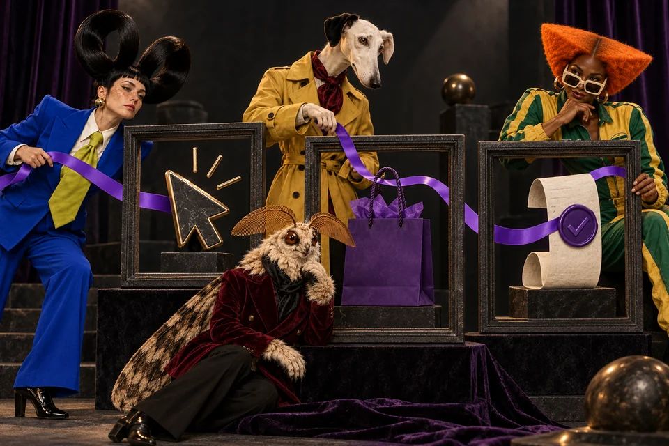 The cast traces a ribbon from a click to a shopping bag and approved receipt