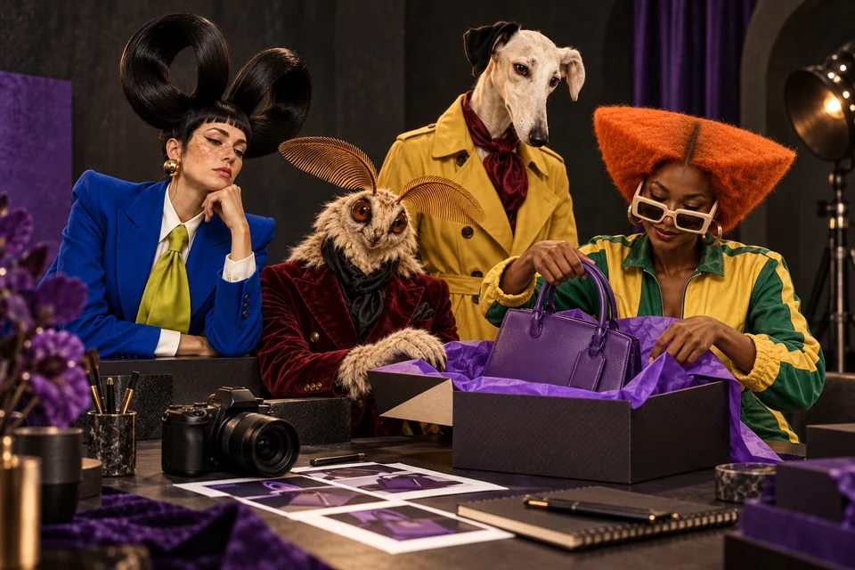 The cast packs a purple handbag in a product sample box