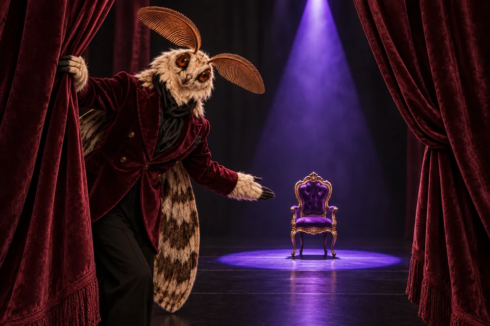 The cast opens a curtain to reveal a tiny chair on stage