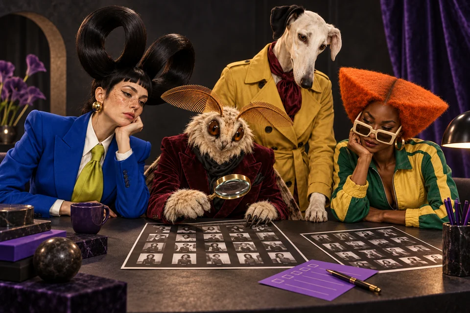 The cast inspects creator contact sheets with a magnifying glass