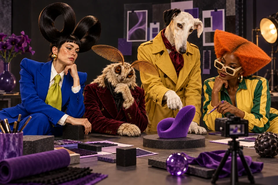 The cast develops a purple product prototype beside a camera