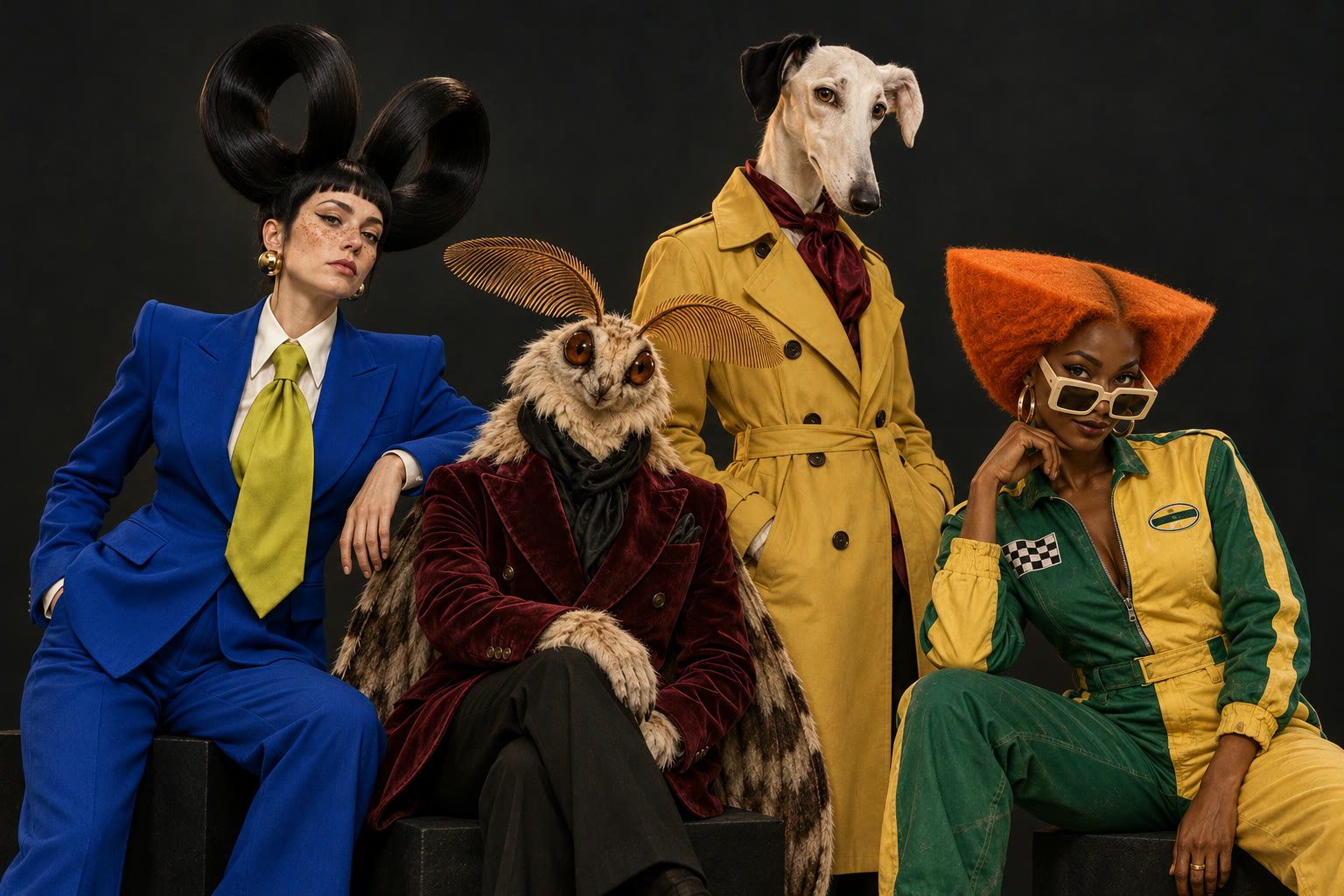 Moxie, Mallow, Marble and Zizi in an editorial cast portrait