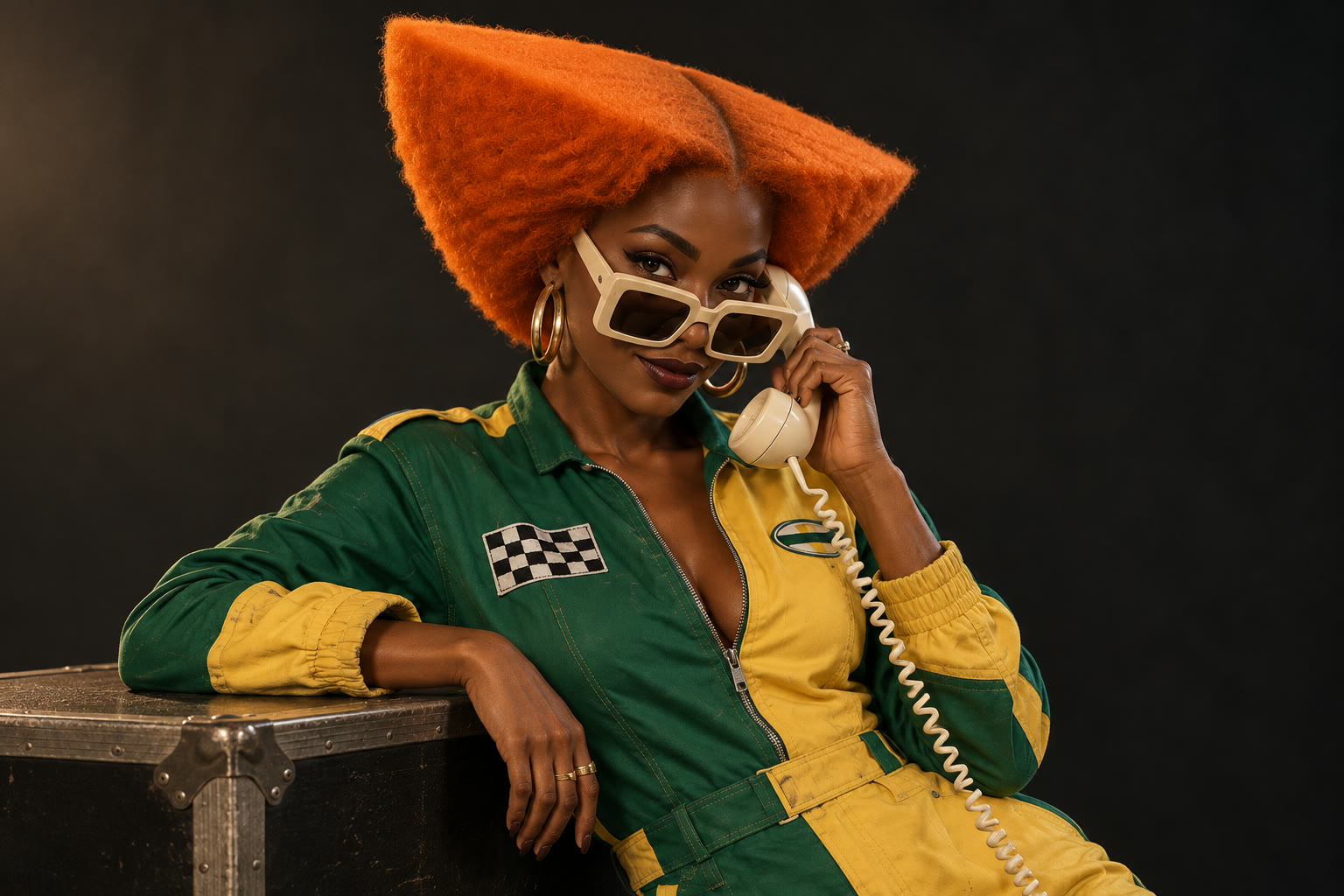 Zizi with triangular orange hair holding a cream telephone